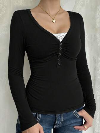 女士T恤Y2K秋季衣服休闲日常性感纯色蕾丝撞色修身长袖V领上衣