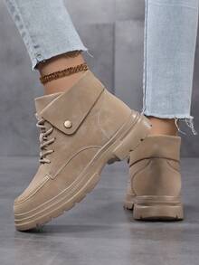 Botas cortas hasta el tobillo para mujer, botas de trabajo de moda con cordones para exteriores, botas altas casuales para montar, adecuadas para todas las estaciones