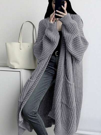 Solid Open Front Loose Knit Cardigan, Casual Long Sleeve Long Length Sweater With Pocket, Women's Clothing