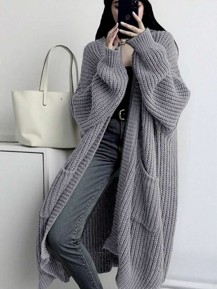 纯色前开宽松针织开衫，休闲长袖长款带口袋毛衣，女士服装 - 淺灰紫 - 查看 1