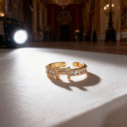 JOJELOO Bague double en forme de T plaquée or 18 carats, zircone cubique - design géométrique minimaliste, bague personnalisable et ajustable, nouvel accessoire de mode, cadeau élégant pour minimaliste moderne