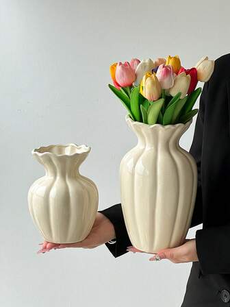 1개 밀키 화이트 스트라이프 세라믹 꽃병, 단색 미니멀리스트 고급 홈 데코 꽃병, 침실 스타일리시 장식 꽃병, 대형/소형 다기능 - 무전원 꽃병, 새해, 결혼식, 휴일, 파티 장식