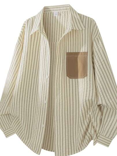 Camisa de mujer de poliéster con rayas, cuello con botones, manga larga, con bolsillos, para primavera