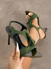 女士高跟鞋，时尚高端派对宴会舞会尖头流苏T字带柔软仿麂皮可调节踝带优雅性感保暖奢华军绿色高跟鞋，适合搭配正式礼服、通勤、晚礼服 - 軍綠色 - 查看 1