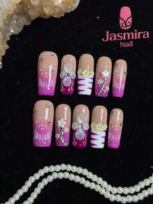 10 Pcs Set Of Pure Handmade Press-On Nail Stickers, Medium-Length Elegant Nails, Y2K Press-On Square Nails, Purple Nails, White Nails, Classic Gradient, Hand-Painted Lines, Handmade Carved Designs, Decorated With Nail Gems, Suitable For Women And Girls For Home Use, Parties, Birthdays, And Various Holiday Occasions, Diy Cute Nails - 彩色 - 查看 2