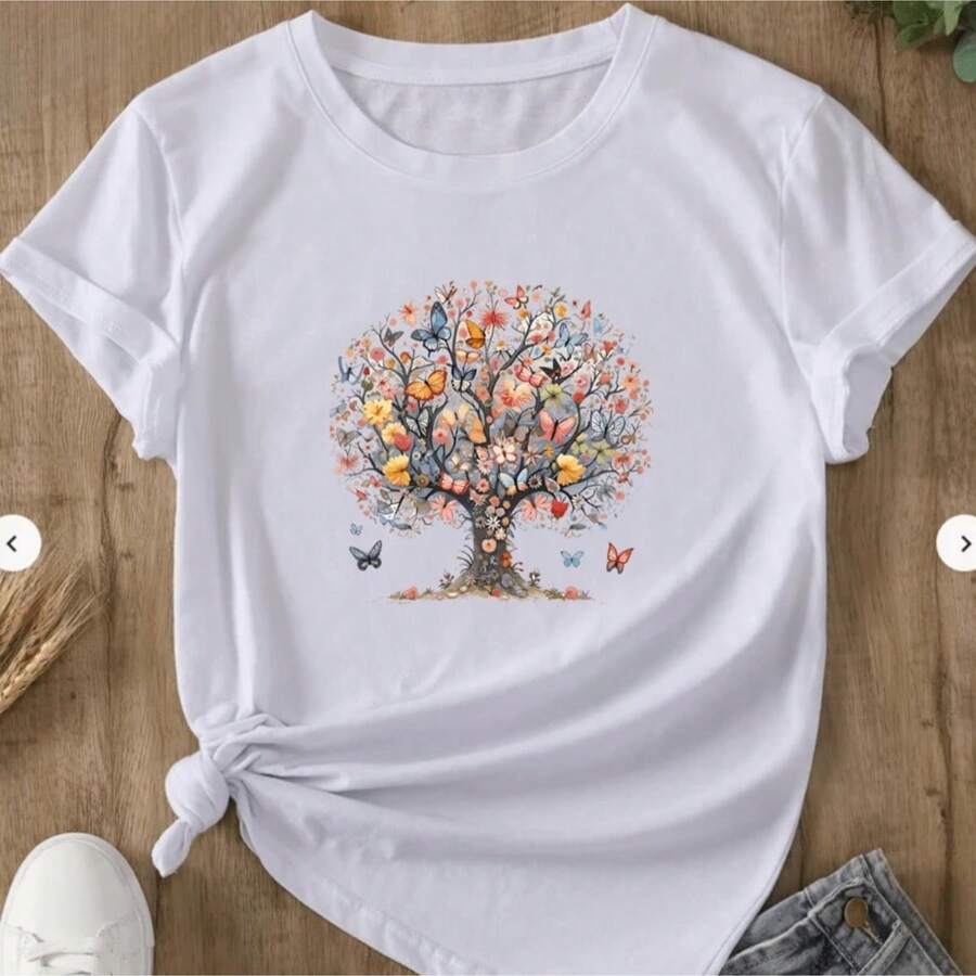 Women's Basic T-Shirt With A Short-Sleeved Print, Comfortable And Lightweight, Featuring A Butterfly Tree Design. - 白色 - 查看 1