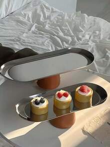 1pc Stainless Steel Oval Bread Tray, Elegant Dessert Stand For Afternoon Tea, Cake And Dessert Display - Silver - View 3