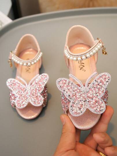 1 Pair Princess Style Children's Sandals, Rhinestone, Pearl, Bow Decor, PU Patchwork Round Toe, Flat, Suitable For Daily Wear, Dance, Outdoor, Festivals, Parties, Glitter Decor, Suitable For Spring, Summer, Autumn