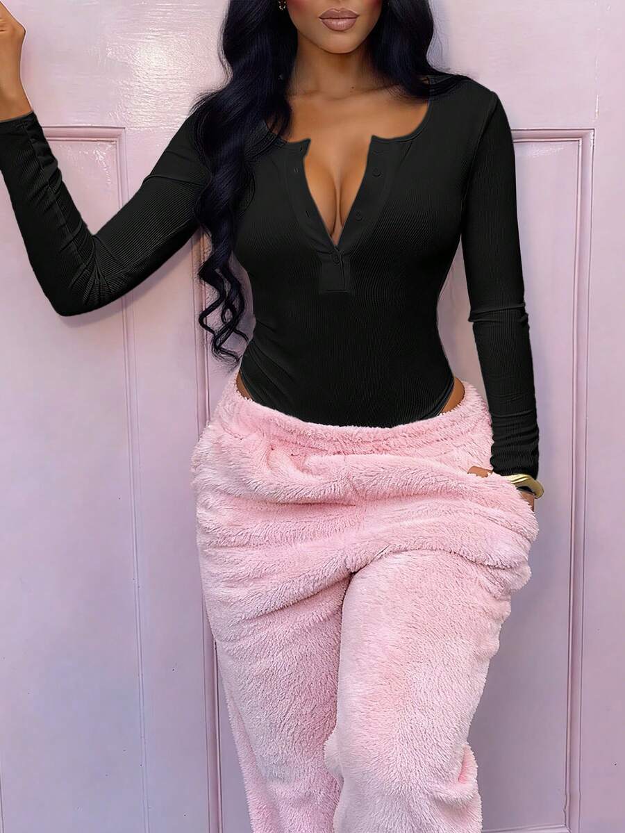 Women's Button-Up Long Sleeve Ribbed Fitted Bodysuit, Versatile For Casual Everyday Wear, Spring & Autumn Black - Black - View 1