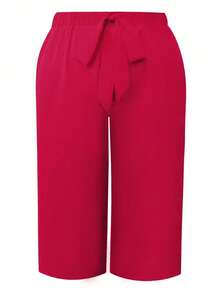 Solid Color Plus Size Loose Waist Cuffed Wide Leg Shorts - Red - View 3