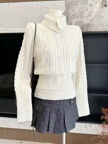 1 pieza Suéter de manga larga de punto retorcido de unicolor con cuello, diseño de cintura ajustada, parte superior versátil de invierno para mujeres - Albaricoque - Ver 5