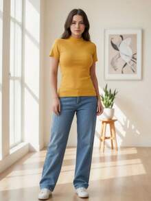High-Neck, Short-Sleeved Cotton Knit Blouse - 芥末黃 - 查看 2