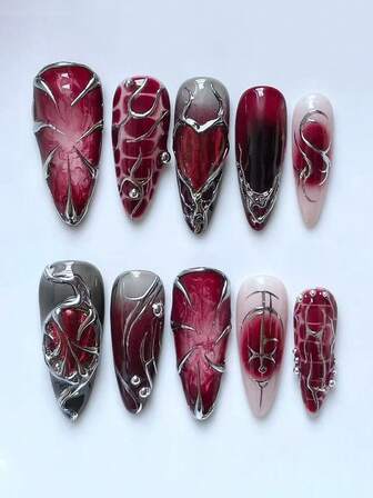 24pcs Medium-Long Almond-Shaped Mysterious Dark Red Tie Dye Metallic 3D Punk Style Detachable Nail Stickers, Suitable For Women's Daily, Work, Dates, Comes With 1pc Gel Nail Polish + 1pc Nail File