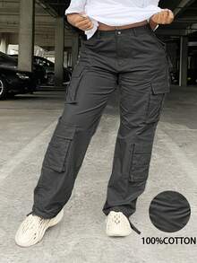 Plus Size Women's Solid Color Straight Leg Loose Casual Multi Pocket Cargo Pants - Dark Grey - View 2