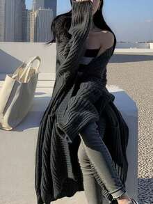 Solid Open Front Loose Knit Cardigan, Casual Long Sleeve Long Length Sweater With Pocket, Women's Clothing,Long Sleeve Tops - Grey - View 2