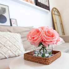7 PCS Pink Rose Artificial Flowers With Vase Silk Fake Flowers Arrangements In Glass Vase With Faux Water For Home... - B0DWMLTMT6 - View 4