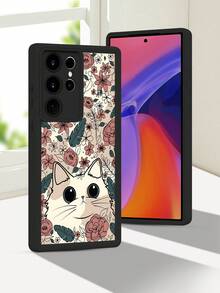 1 pieza Funda de teléfono con diseño de gato lindo rodeado de flores y hojas en estilo natural ideal para amantes de los animales y la naturaleza TPU soft case, protección completa antideslizante y anti-caída, compatible con iPhone17 ProMax/16/15/14/13/12/11/Plus/Pro/ProMax, compatible con Galaxy A34/A35/A54/A55, Galaxy S20/S21/S22/S23/S24/S25 Ultra/Plus, compatible con Galaxy/Redmi/Honor/OPPO/ViVo - Burdeos - Ver 6
