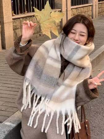 1PC Women's Autumn/Winter Solid Color Versatile College Style Elegant Coarse Beard Thick Warm Scarf, Suitable For Cold Proof Shopping And Dressing In Autumn/Winter Season