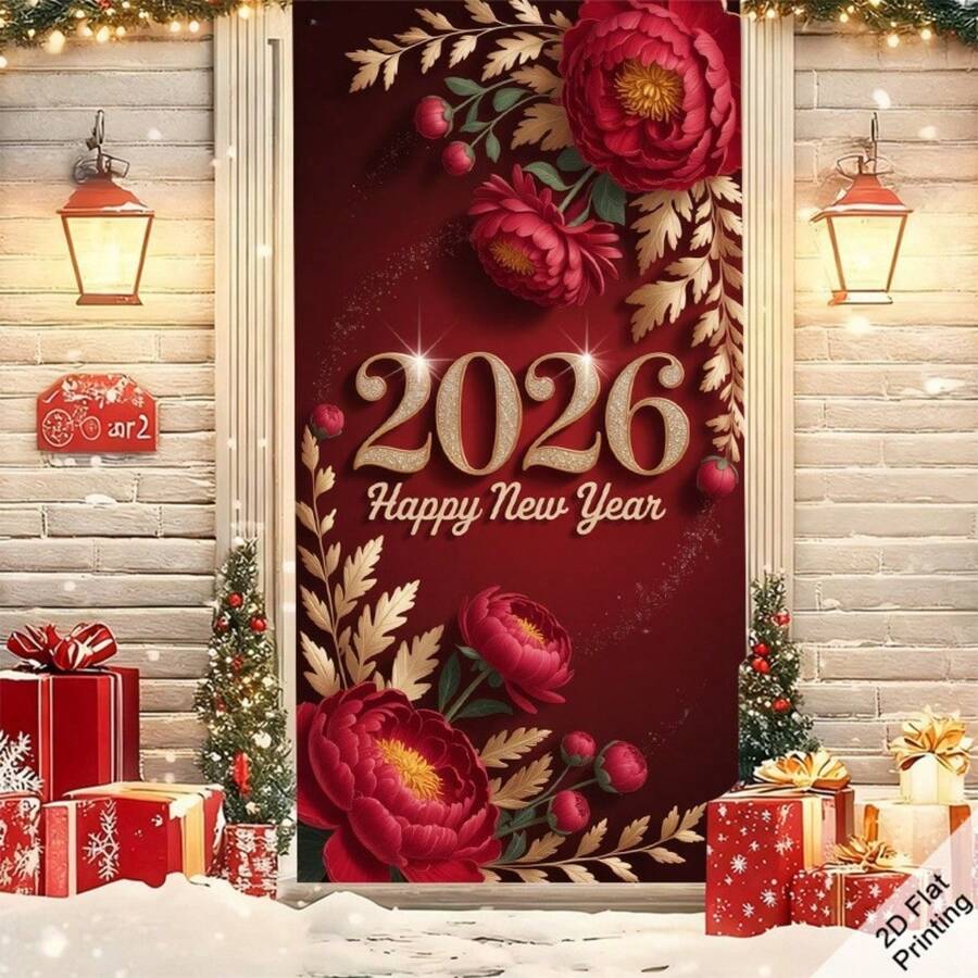 2D涤纶门饰横幅，1件装，2026新年快乐红色金色花卉数字门帘 - 酒红色和金色婚礼/派对拱门装饰，带2026数字，可作新年夜、生日墙面背景装饰，2D平面风格