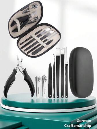 8件套黑色指甲钳套装，不锈钢锋利指甲钳，专为厚硬指甲设计，适合老年人、男士和女士，用于修剪手指甲和脚趾甲。