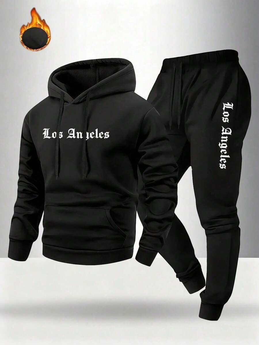 2pcs/Set Men's Casual Cartoon "LOS ANGELESS" Letter Drawstring Pocket Hoodie And Drawstring Sports Pants Suit Black Spring - Black - View 1