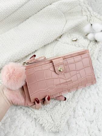 SOUTHLAND&KANGAROO With A Pom-Pom Charm,Crocodile Embossed Fold Over Long Wallet Women Fashion Modern Business Slim Portable Versatile Large Capacity Credit Card Zipper ID Card Money Cash Storage Business Casual Perfect School College Work Business Commute Teachers' Day Back To School Holiday Office Anniversary Lover For Birthday Gift Women White-Collar Workers College Student,Bag School Supplies For School Dorm Room & Back To School