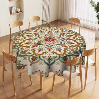 1pc/32pcs Geometric Floral Pattern Ramadan Linen Round Tablecloth, Elegant & Luxurious, 145cm*145cm Seasonal Kitchen Dining Table Decor, Ramadan Home Decoration