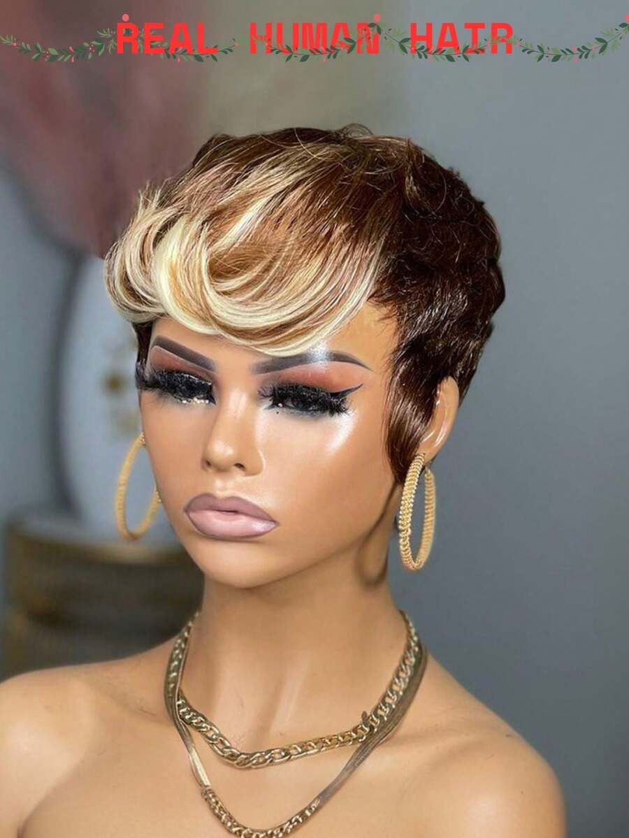 4/4/613 Color Short Layered Elf Wig, Brazilian Virgin Human Hair Wig, Lace Front Wig With Bangs, Suitable For Daily Wear, Gift, Plug And Play, Glueless Full Lace Wig - Multicolor - View 1