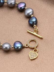 1pc 18K Gold Plated Natural Pearl Heart Bracelet, Gift For Women, Mother's Day, Valentine's Day, Birthday, Wedding, Engagement, Bride - Navy Blue - View 3