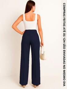 Women's Tailored Wide Leg Trousers, Beltless, Casual, Elegant, Pockets, Button And Zipper - 藏蓝色 - 查看 4