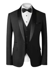 Men's Three-Piece Suit With Shawl Collar, Buttoned Waistcoat, Formal Suit, Trousers - Wedding Attire, Formal Occasion, Evening Party Clothing (Including Only Suit Jacket + Waistcoat + Trousers) - 黑色 - 查看 4