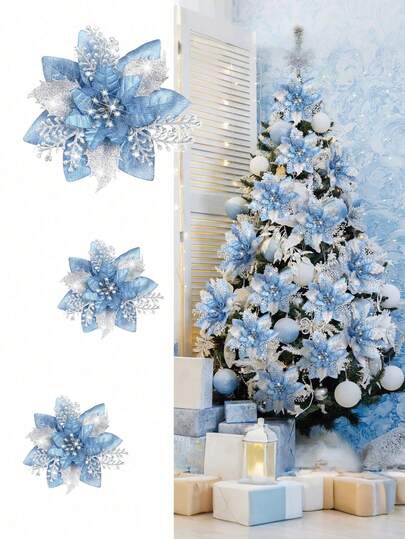 10pcs Champagne Gold Poinsettia Flowers With Clips, Glitter Flower,Artificial Luminous Flowers, Wreath Decor, Tree Decor, Wedding,Holiday Party Decorations, Home Celebration,Glitter Artificial Flowers Decorations For Home New Year Gifts