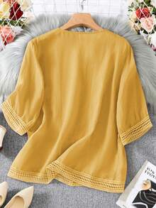 Blusa de mujer de estilo vintage, de color liso, de viscosa y encaje, de peso ligero, para primavera/verano - Amarillo - Ver 2