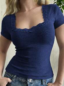 GAOVOT 女士 Y2K 性感蕾丝拼接休闲方领短袖 T 恤，夏季 - 藏蓝色 - 查看 1