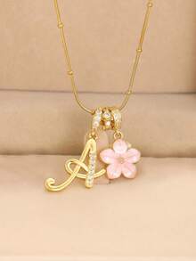 1件装奢华个性化立方氧化锆优雅手写字母粉色五瓣花金色不锈钢项链，女士简约字母名字项链，字母吊坠项链，时尚礼物，适合送给女朋友、妈妈、家人、朋友、女儿，周年纪念日、情人节、母亲节、生日、毕业典礼、日常佩戴、婚礼、舞会等场合。 - 金色 - 查看 3