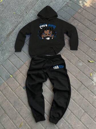 Teen Boys' Handsome Letter Print Long Sleeve Thick Hoodie And Sweatpants Casual 2-Piece Set, Fleece, Autumn/Winter