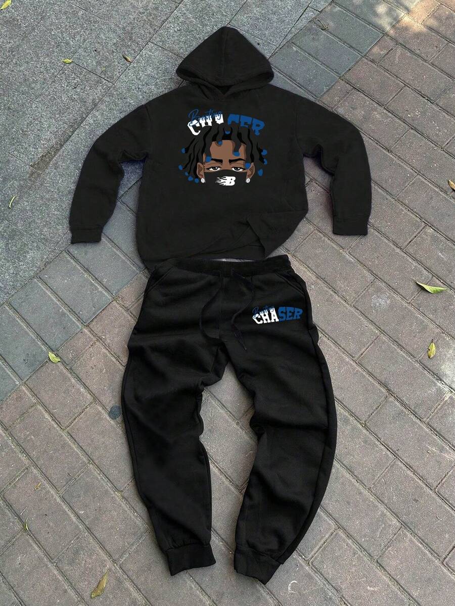 青少年男童帅气字母印花长袖加厚连帽衫和运动裤休闲两件套，抓绒材质，秋冬款