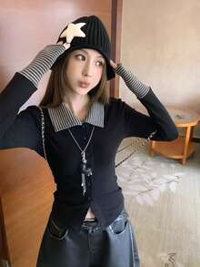 时尚女士长袖翻领T恤，独特设计 - 黑色 - 查看 4