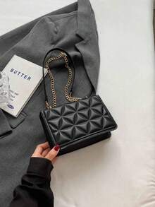 Stylish Solid Color And Printed Wide Strap Hard-Handheld Cross-Body Shoulder Bag For Women - Black - View 7