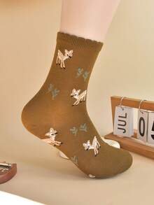 1 Pair Khaki Cute Deer Pattern Knit Mid-Calf Socks, Soft & Comfortable For Daily And Holiday Wear, Unisex - Khaki - View 7