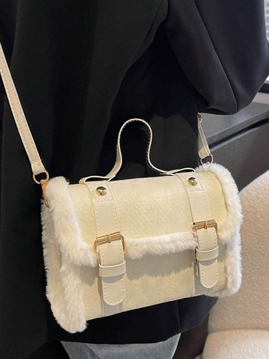 Bolso de cubo de piel sintética blanco cremoso para otoño/invierno. Bolso pequeño vintage con parches de piel sintética de cordero, bolso bandolera y de hombro, estilo dulce de chica - Blanco - Ver 1