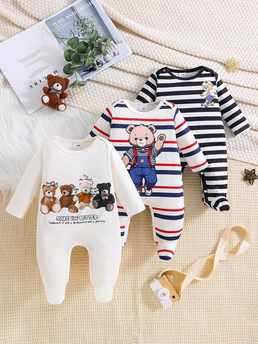 3件套可爱卡通熊长袖四季连脚婴儿连体衣 - 彩色 - 查看 1