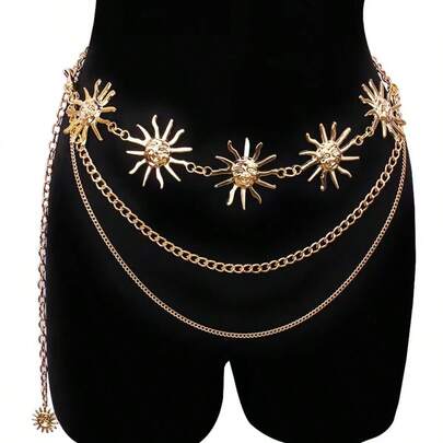 1pc Fashion Accessories Gold Multi-Layer Women's Waist Belt Chain, Metal Chain Waist Belt, Hiphop Punk Sun Moon Body Chain