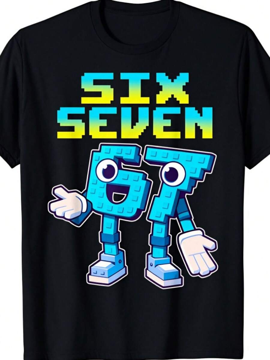 Men's 100% Cotton T-Shirt -67 Six Seven 6-7 - Funny Italian Brainrot Gaming Meme T-Shirt,Cartoon Print With The Numbers Six And Seven, Suitable For Everyday Casual Wear. - 黑色 - 查看 1