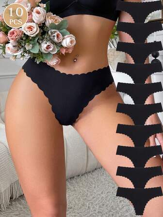 10Pcs Women Thongs Solid Ice Silk Sexy Panties Ribbed Low Waist Women's Lingerie With Wave Edge No Trace Underwear Panties, Black