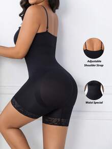 1pc Women Seamless Lace Shapewear Jumpsuit, Spaghetti Strap Design, Tummy Control, Bust Lift, Butt Lift - Black - View 5