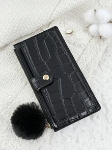 SOUTHLAND&KANGAROO With A Pom-Pom Charm,Crocodile Embossed Fold Over Long Wallet Women Fashion Modern Business Slim Portable Versatile Large Capacity Credit Card Zipper ID Card Money Cash Storage Business Casual Perfect School College Work Business Commute Teachers' Day Back To School Holiday Office Anniversary Lover For Birthday Gift Women White-Collar Workers College Student,Bag School Supplies For School Dorm Room & Back To School - Black - View 5