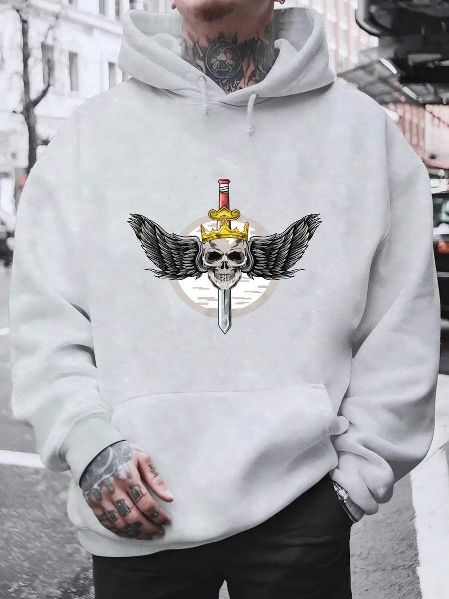 Men's Hooded Sweatshirt, Fashionable Men's Hoodie With Skull Print Featuring A Crown And Winged Sword, Perfect For Everyday Wear, Casual Urban Style For Autumn And Winter, Great For Christmas Outfit Ideas, Ideal For Outdoor Activities, Parties, And The Best Gift For Friends. - 灰色 - 查看 1