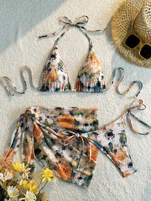 Women's Bandeau Bikini Set With Abstract Print Sarong Cover-Up, Sexy Bohemian Style High Stretch Swimsuit With Tie Detail - Multicolor - View 10