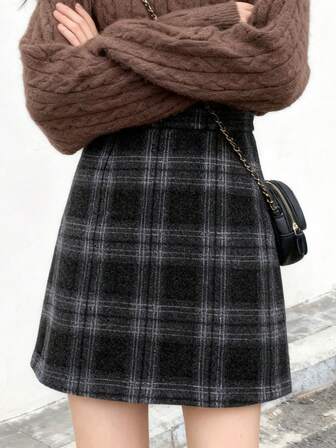 女士时尚撞色格子高腰紧身半身裙